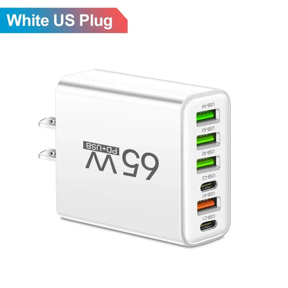 USB C Charger Total 65W Muti 6 Ports Fast Charging QC3.0 Type C Mobile Phone Wall Adapter for Iphone 15 Pro Max Xiaomi Samsung