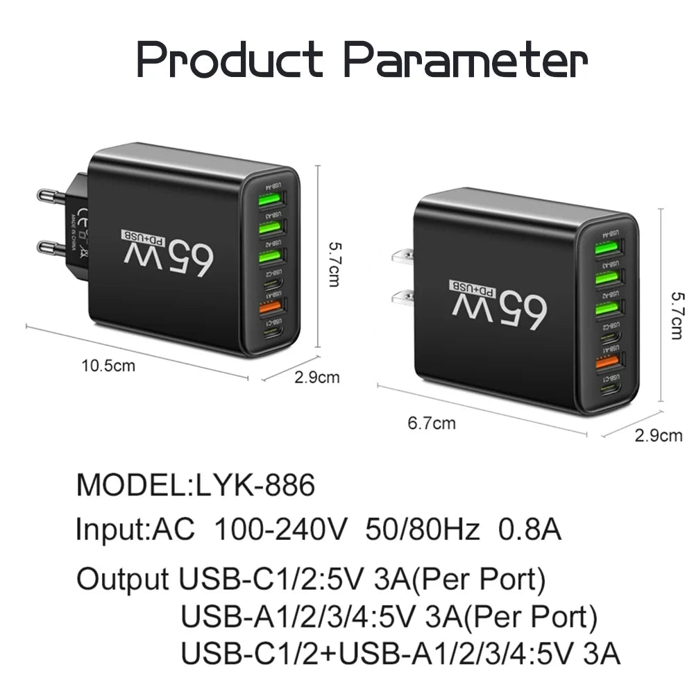 USB C Charger Total 65W Muti 6 Ports Fast Charging QC3.0 Type C Mobile Phone Wall Adapter for Iphone 15 Pro Max Xiaomi Samsung