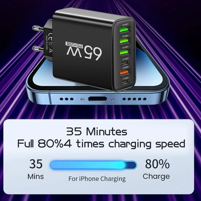 USB C Charger Total 65W Muti 6 Ports Fast Charging QC3.0 Type C Mobile Phone Wall Adapter for Iphone 15 Pro Max Xiaomi Samsung
