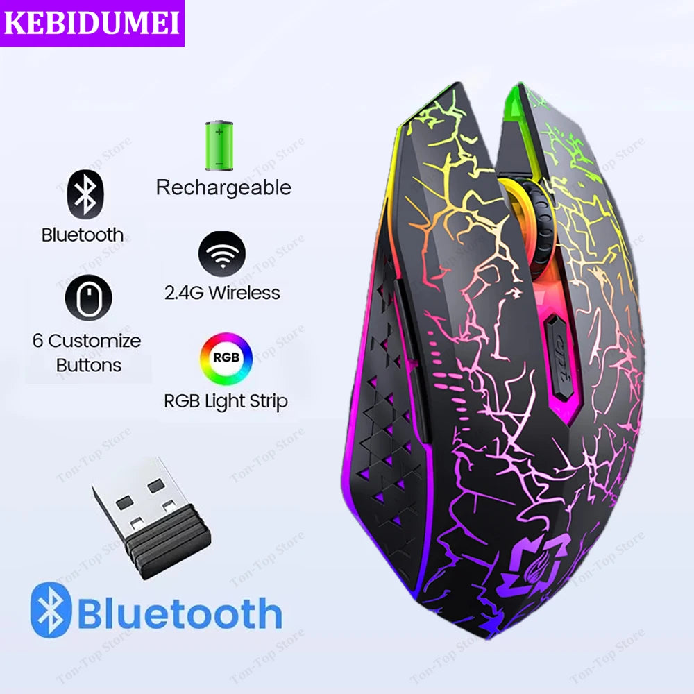 RGB Gaming Mouse Bluetooth Mouse 2.4G Wireless Mouse Ergonomic 1600DPI 6 Mute Buttons Mouse for Macbook Tablet Laptops Computer