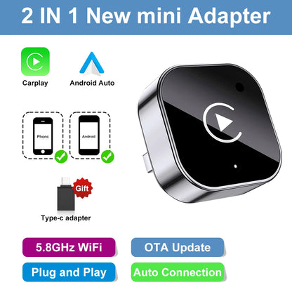 2026 Wireless Carplay Adapter 2-In-1 Wired to Wireless Dongle for Apple & Android Phone Plug and Play Universal Car Accessory