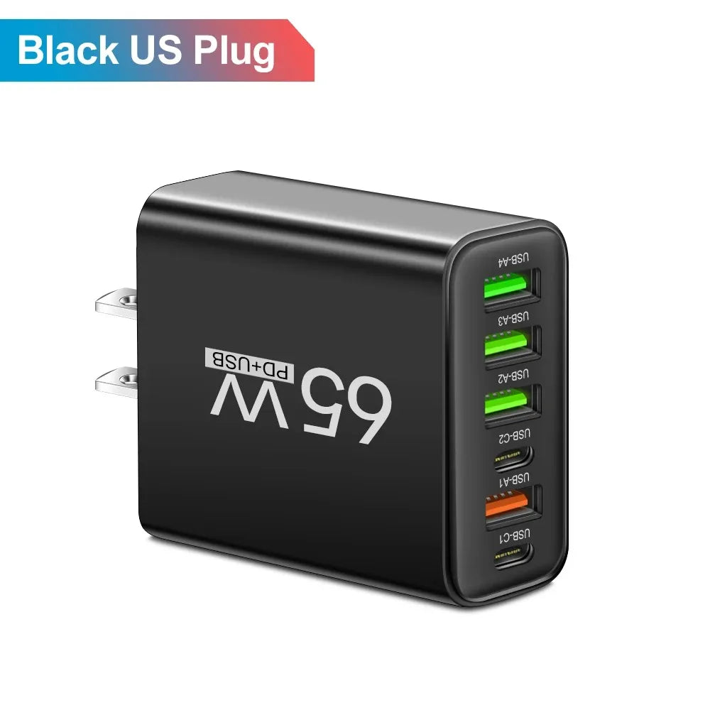 USB C Charger Total 65W Muti 6 Ports Fast Charging QC3.0 Type C Mobile Phone Wall Adapter for Iphone 15 Pro Max Xiaomi Samsung