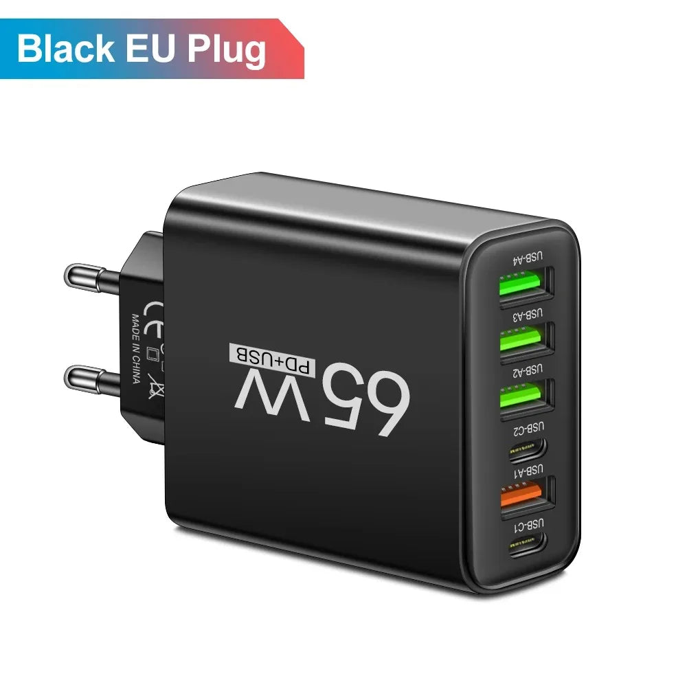 USB C Charger Total 65W Muti 6 Ports Fast Charging QC3.0 Type C Mobile Phone Wall Adapter for Iphone 15 Pro Max Xiaomi Samsung