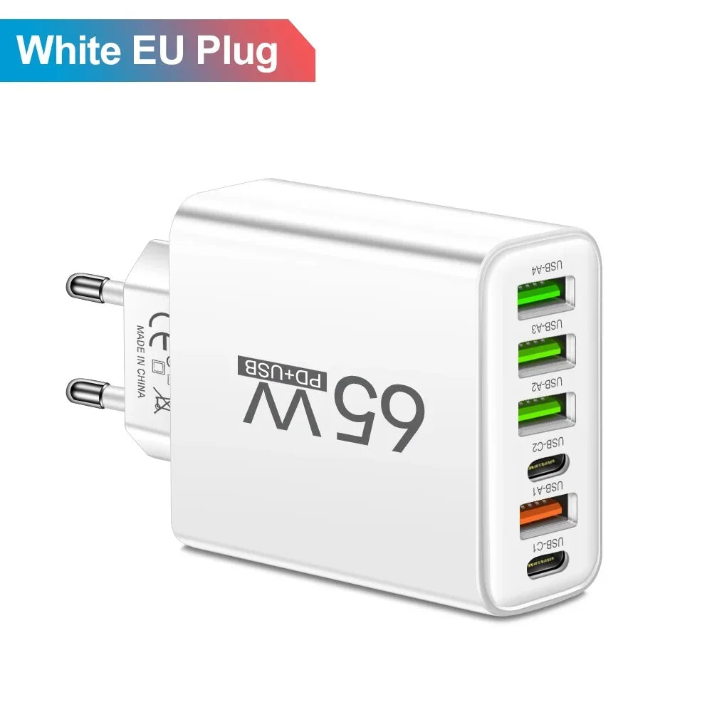 USB C Charger Total 65W Muti 6 Ports Fast Charging QC3.0 Type C Mobile Phone Wall Adapter for Iphone 15 Pro Max Xiaomi Samsung