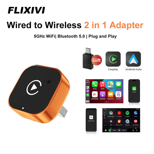 2026 Wireless Carplay Adapter 2-In-1 Wired to Wireless Dongle for Apple & Android Phone Plug and Play Universal Car Accessory
