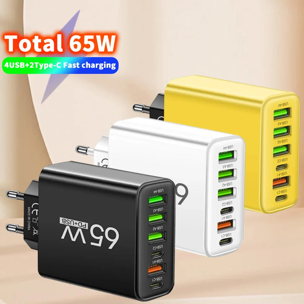 USB C Charger Total 65W Muti 6 Ports Fast Charging QC3.0 Type C Mobile Phone Wall Adapter for Iphone 15 Pro Max Xiaomi Samsung