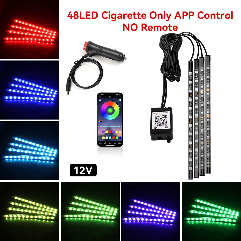 Car RGB Ambient Light LED Auto Foot Strips with USB Cigarette Automotive Interior Lights Strip Decoration Bar Control