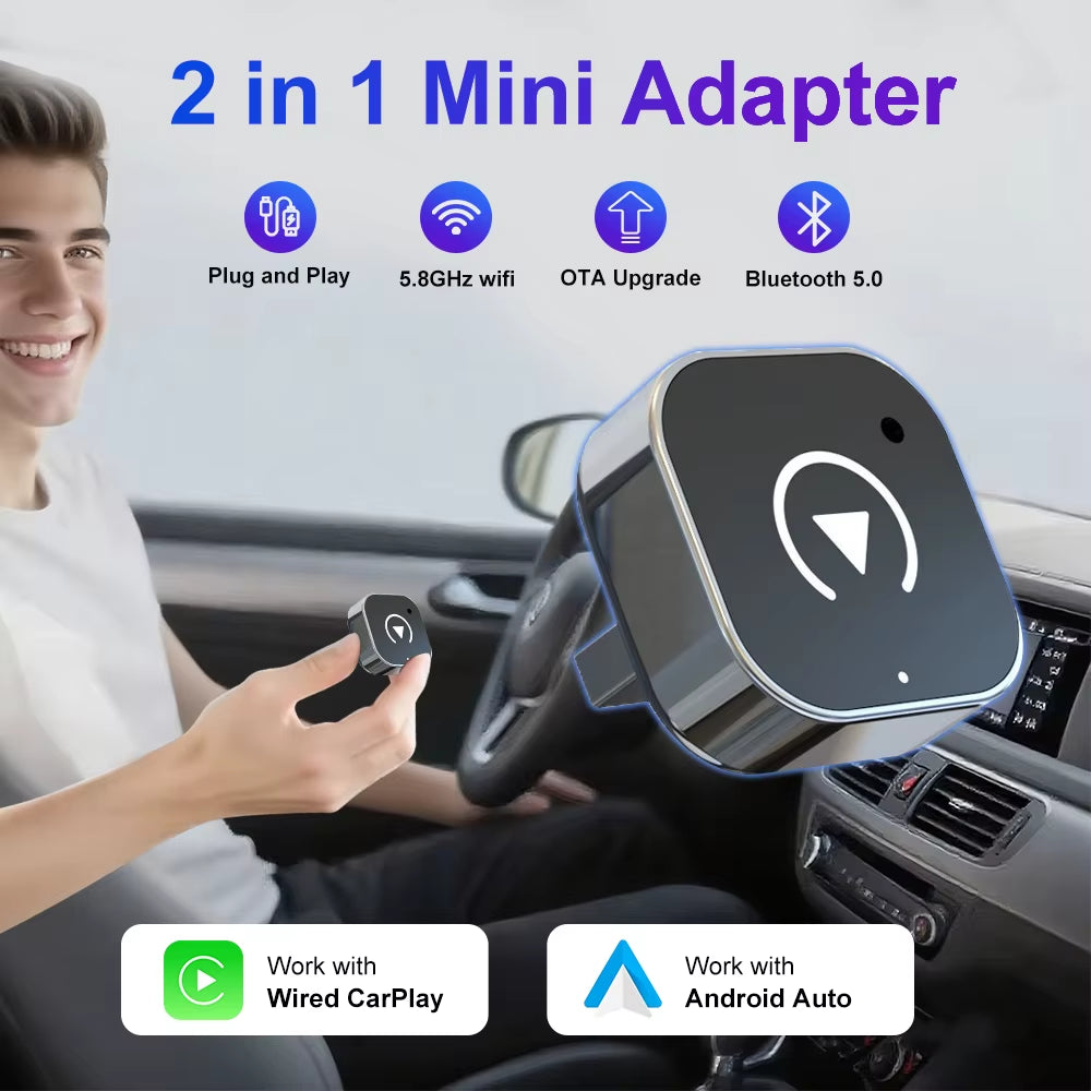 2026 Wireless Carplay Adapter 2-In-1 Wired to Wireless Dongle for Apple & Android Phone Plug and Play Universal Car Accessory