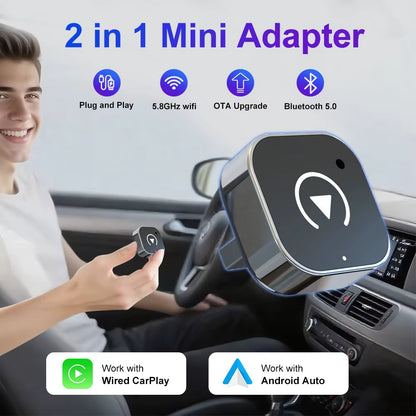 2026 Wireless Carplay Adapter 2-In-1 Wired to Wireless Dongle for Apple & Android Phone Plug and Play Universal Car Accessory