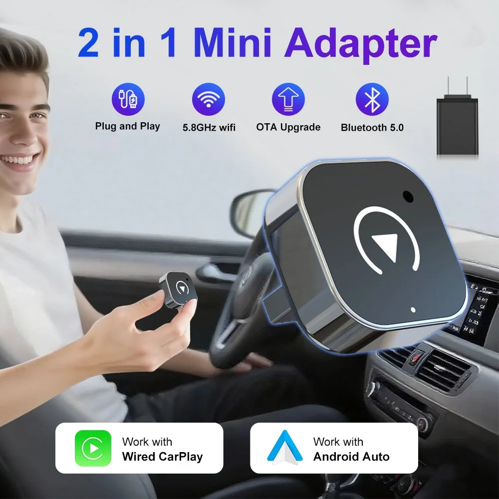 2026 Wireless Carplay Adapter 2-In-1 Wired to Wireless Dongle for Apple & Android Phone Plug and Play Universal Car Accessory