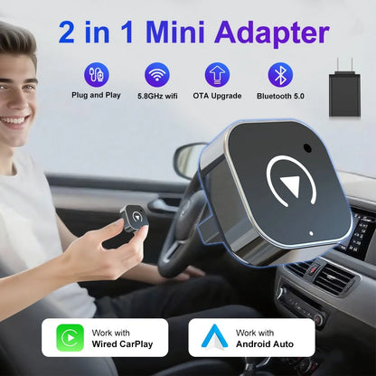 2026 Wireless Carplay Adapter 2-In-1 Wired to Wireless Dongle for Apple & Android Phone Plug and Play Universal Car Accessory