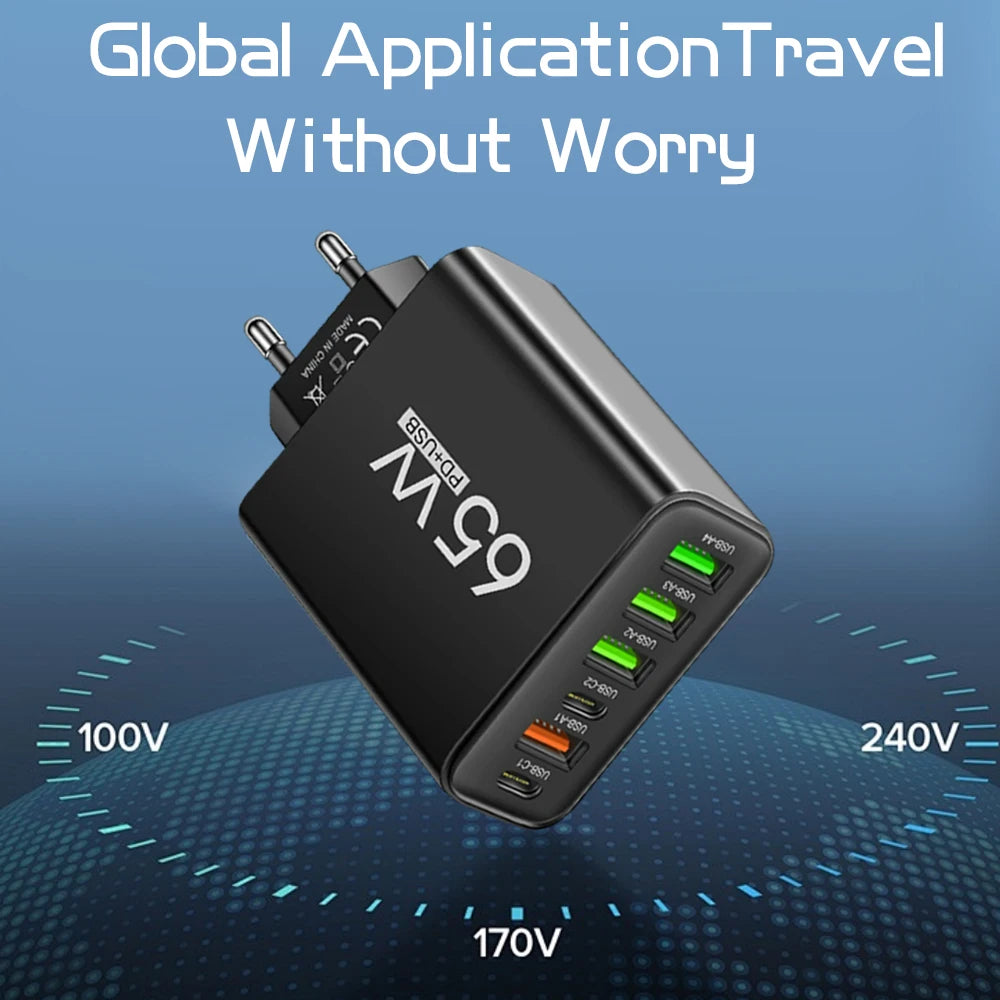 USB C Charger Total 65W Muti 6 Ports Fast Charging QC3.0 Type C Mobile Phone Wall Adapter for Iphone 15 Pro Max Xiaomi Samsung