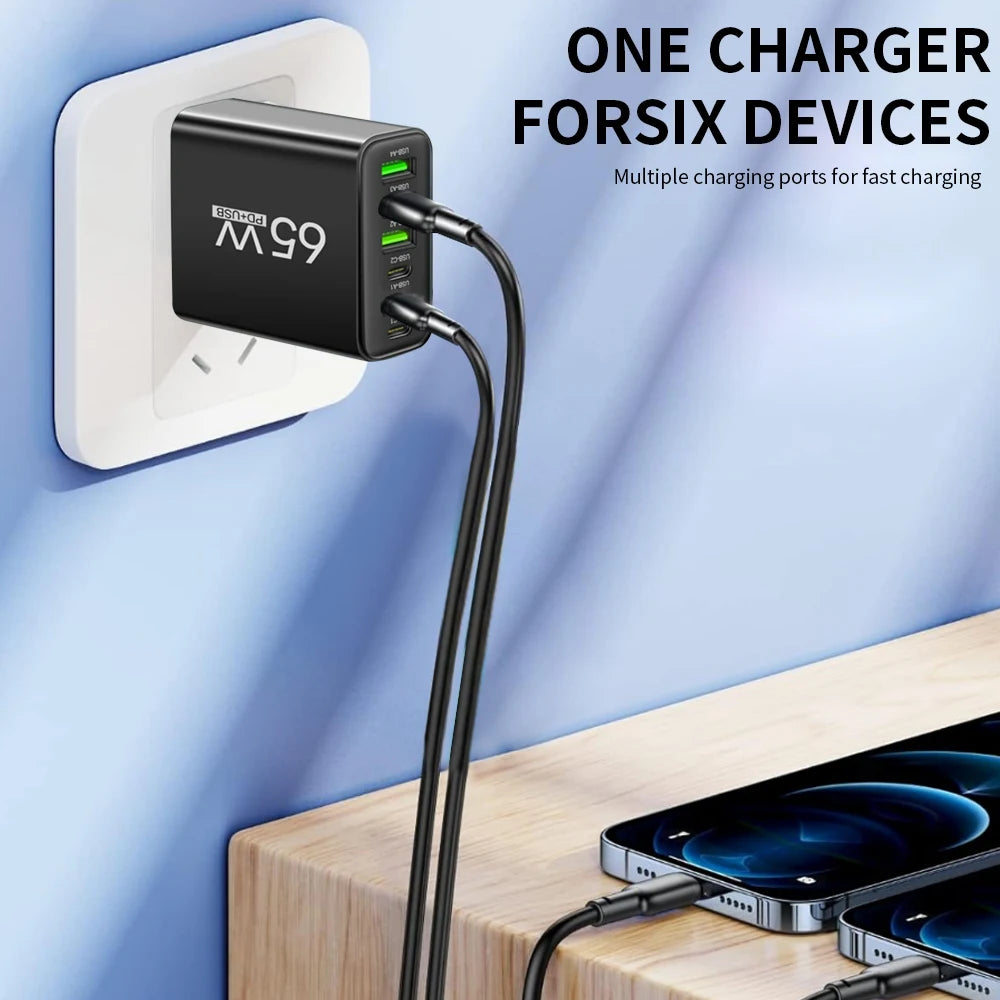 USB C Charger Total 65W Muti 6 Ports Fast Charging QC3.0 Type C Mobile Phone Wall Adapter for Iphone 15 Pro Max Xiaomi Samsung