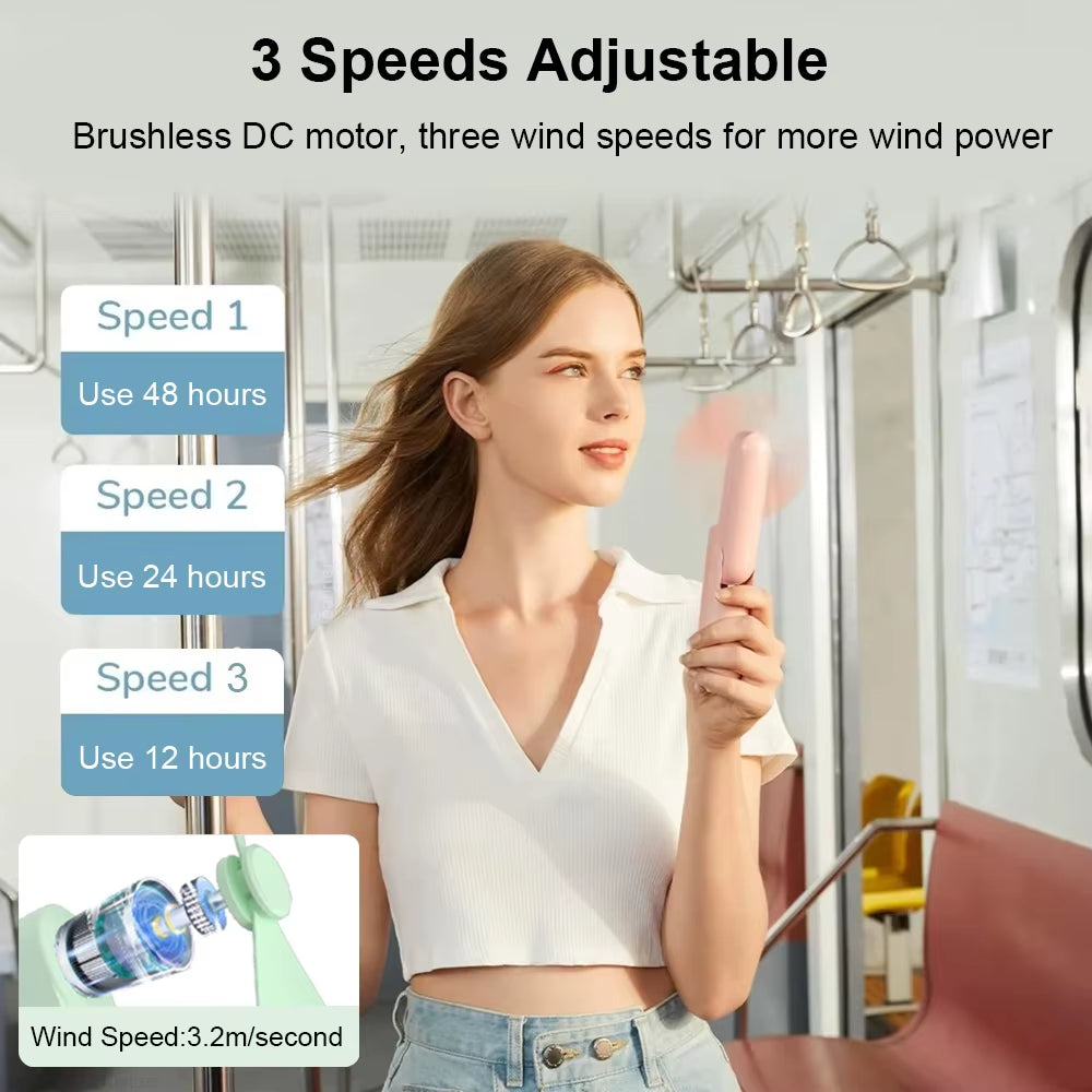 Portable Fan 2000Mah USB Rechargeable 3 Speed Mini Handheld Foldable Fan Hand Held Small Pocket Travel Fan with Handy Power Bank