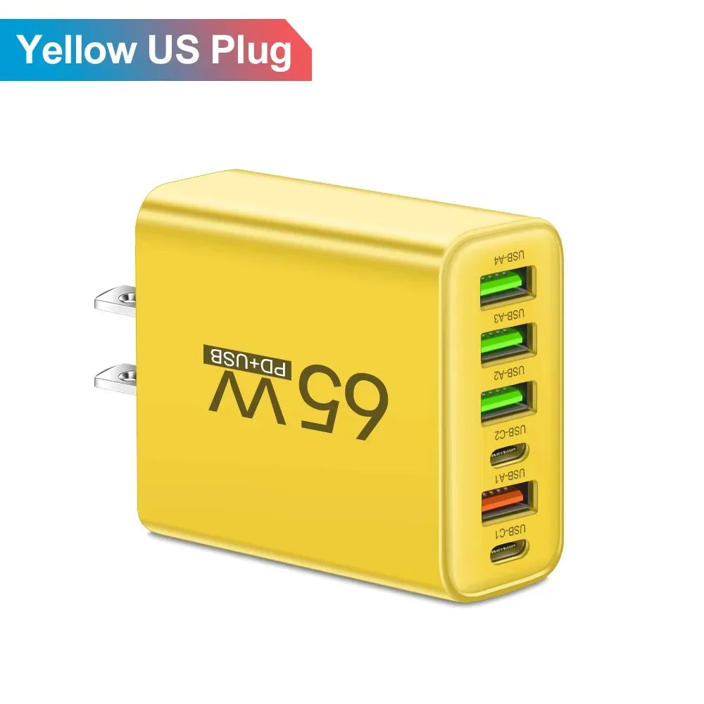 USB C Charger Total 65W Muti 6 Ports Fast Charging QC3.0 Type C Mobile Phone Wall Adapter for Iphone 15 Pro Max Xiaomi Samsung