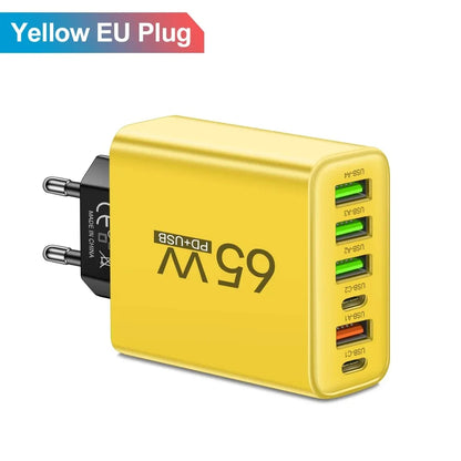 USB C Charger Total 65W Muti 6 Ports Fast Charging QC3.0 Type C Mobile Phone Wall Adapter for Iphone 15 Pro Max Xiaomi Samsung