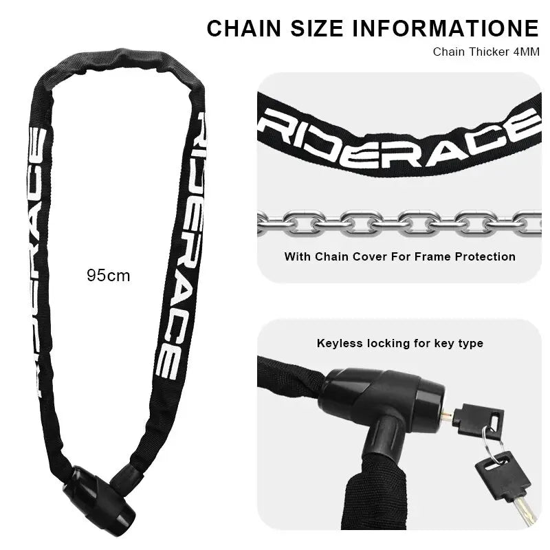 Bicycle Chain Lock Portable Anti-Theft High Security MTB Mountain Bike Lock with 2 Keys for Scooter Electric E-Bike